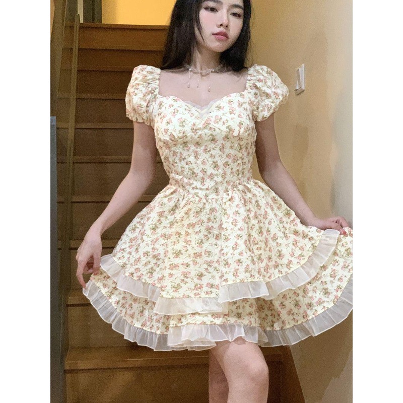 dress floral korea Rok Motif Bunga Pita Pinggang Pas, Rok Motif Bunga Simpul Kupu-kupu Gaya Keingina