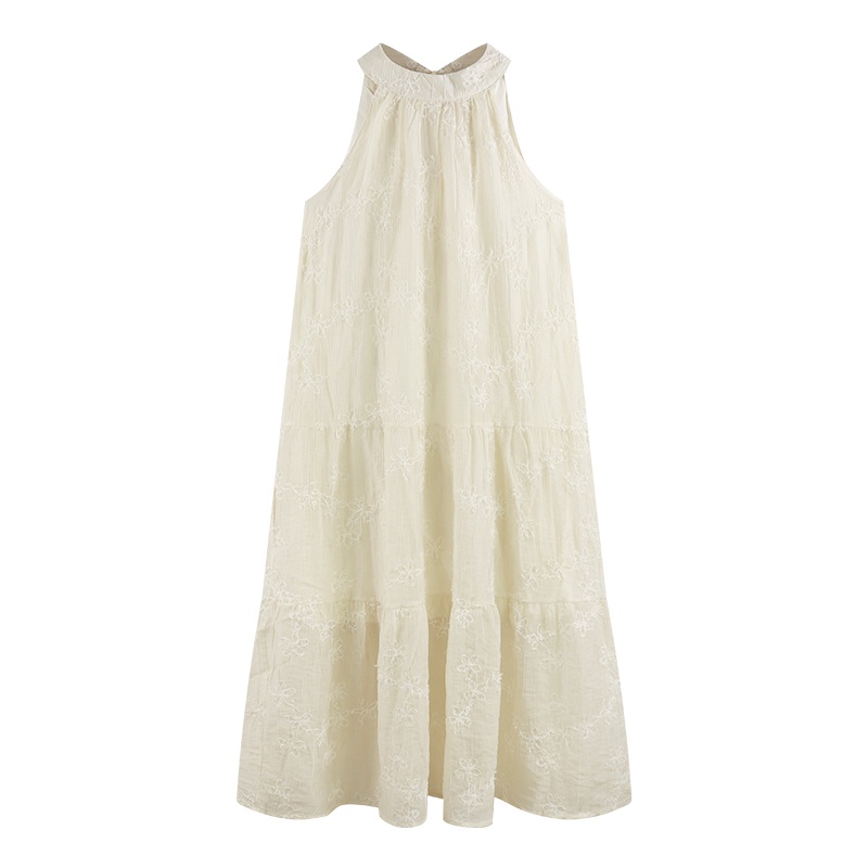 Red Kecil Perancis Retro Renda Halter Leher Gaun Musim Panas Baru Seksi Tanpa Lengan Tanpa Tali Ayunan Besar Rok Panjang Wanita