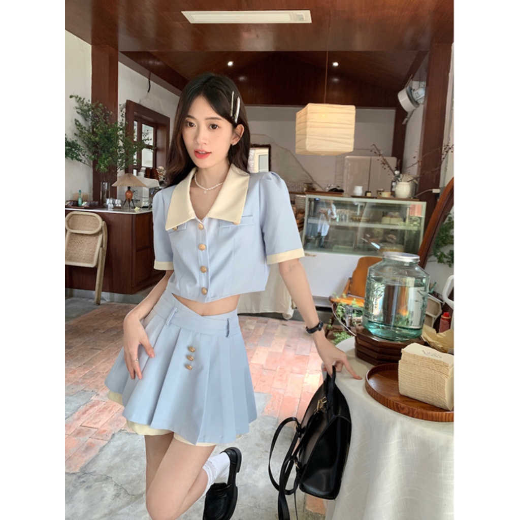 Red Xiaoxiangfeng biru high-end akal pendek lengan pendek top rok rok wanita musim panas 2023 mode baru set dua potong