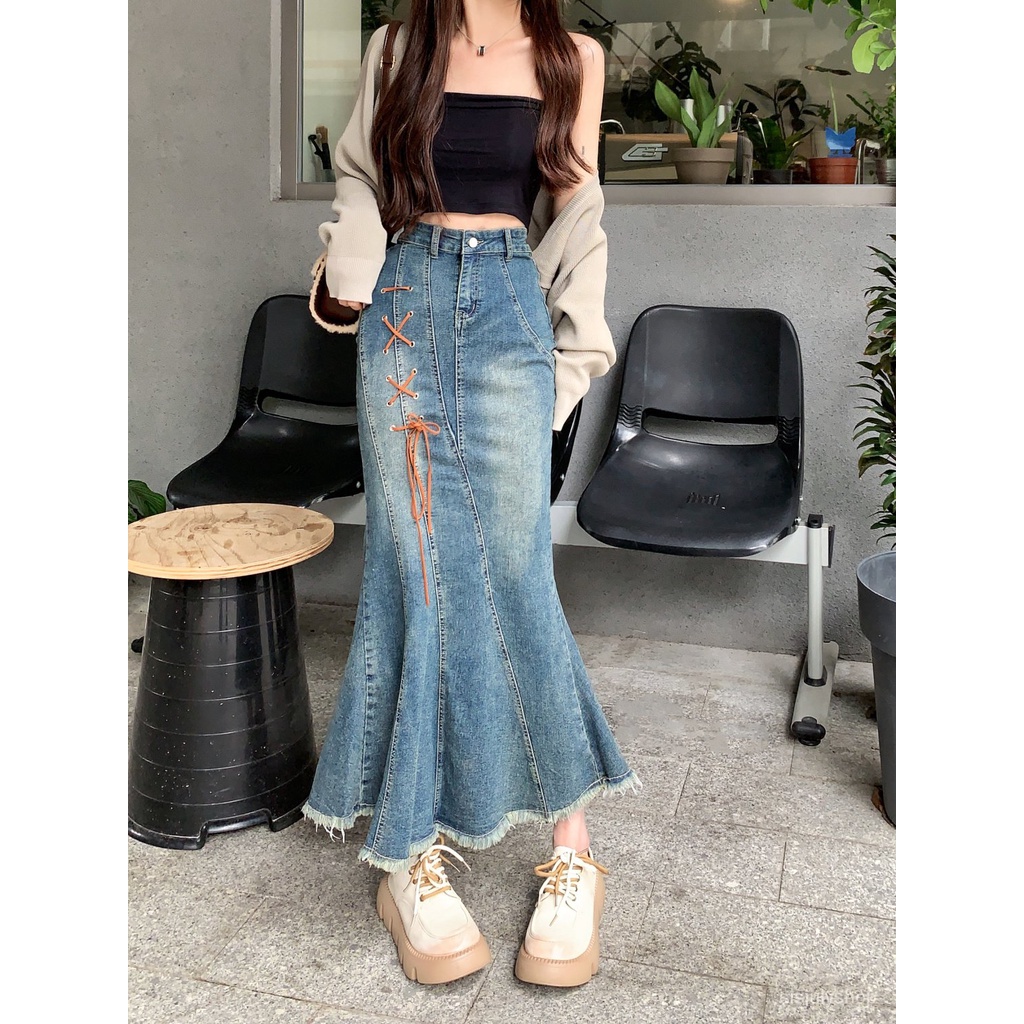 [✅BISA COD] #Sisjuly# Rok pinggul wanita / rok denim setengah badan berpotongan bulu antik / rok rok