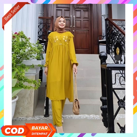 [ Cod ] One Set Cardigan + Celana / Set Baju Muslim / One Set Terbaru / Setelan Fawnia Cardi / Setel