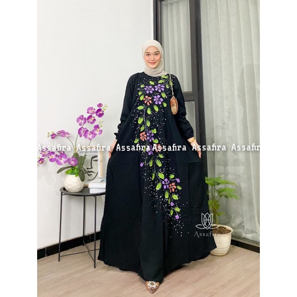 Gamis twill lukis rayon premium motif bunga bunga terlaris dan terbaru