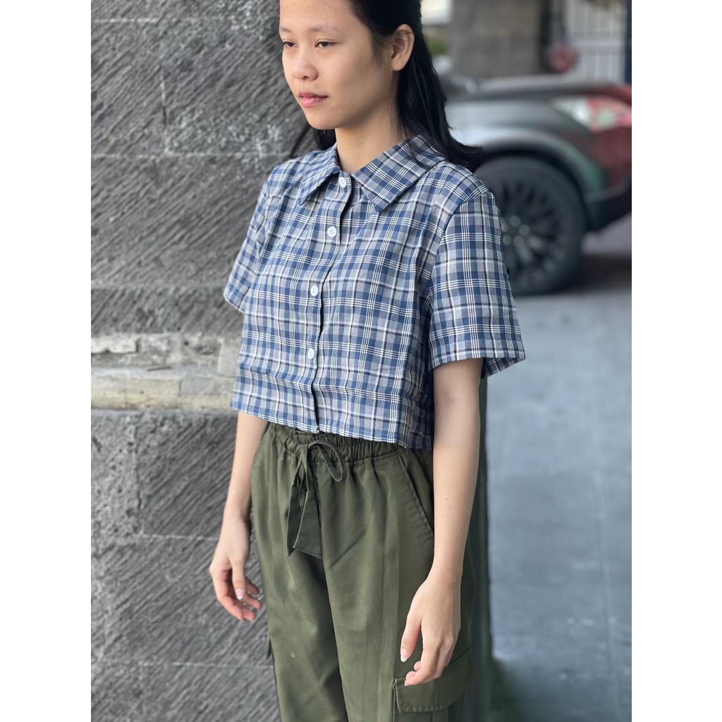 COD~KEMEJA CROP LILAC TOP WOMENS ATASAN KEMEJA KOTAK LENGAN PENDEK /PANJANG STYLE KOREAN