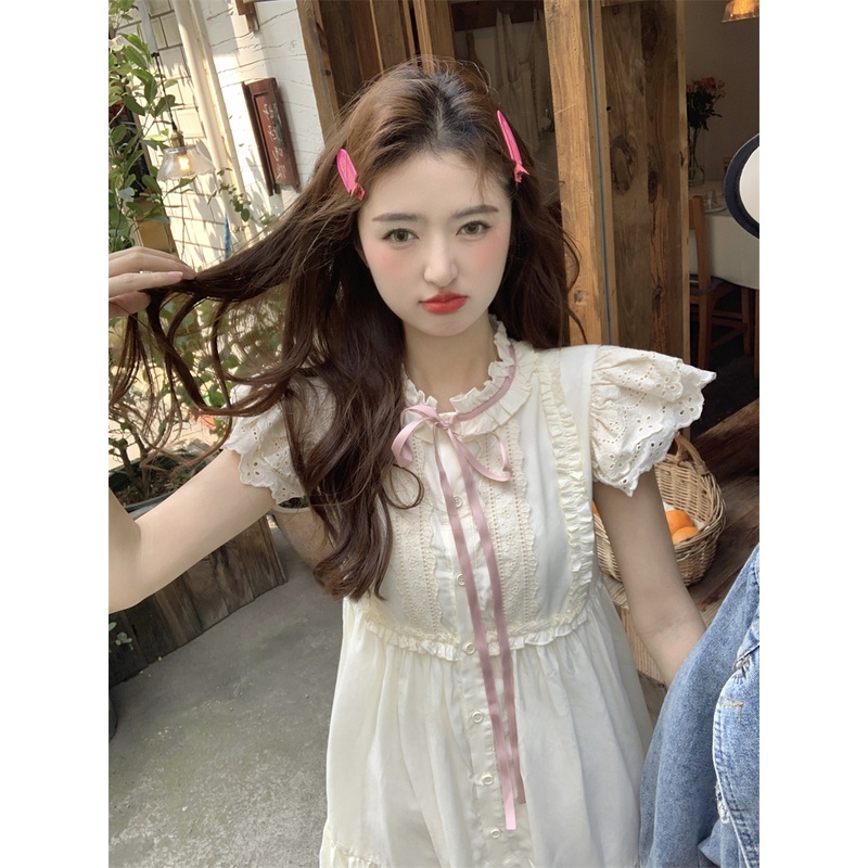 ✼▬✟dress summer beach sweet bow tie with wooden ear side flying sleeve dress female summer small person age reduction a-line skirt skirt