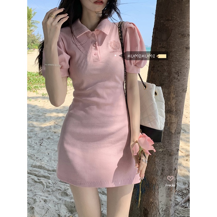 ✈♕▦gaun musim panas pantai angin manis dan pedas POLO kerah gaun merah muda wanita pinggang slim engah lengan rok T-shirt musim panas ceruk rok rok