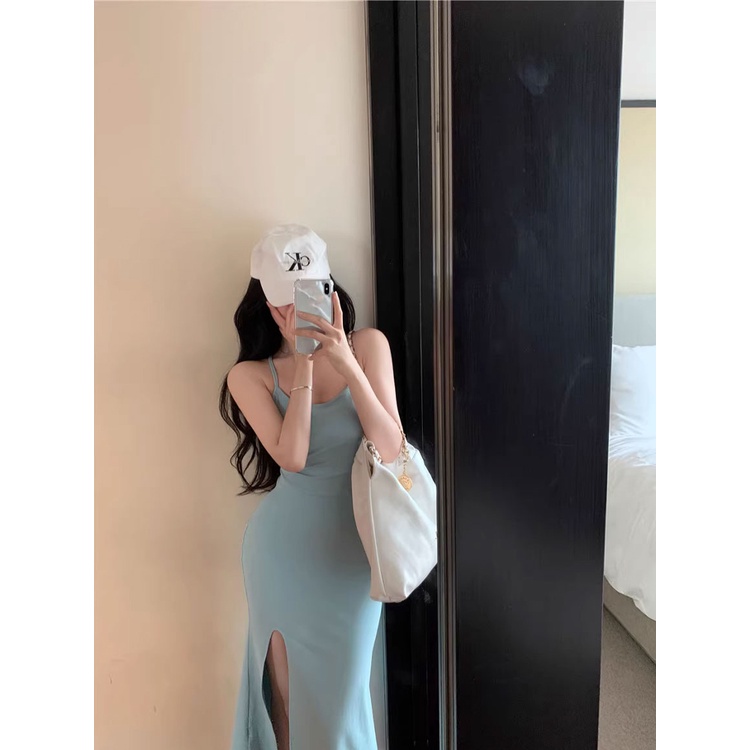 ☸dress summer beach pure desire style babes strappy backless dress female summer waist bag hip skirt slit suspender skirt