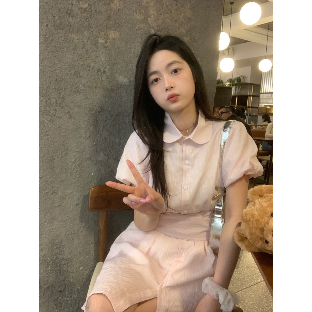 ☸❣dress summer beach pink POLO collar puff sleeve shirt dress female summer sweet hot girl waist slimming short skirt