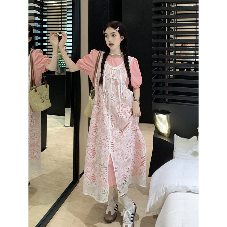 ☁☸﹍dress summer beach pink shirt skirt French style puff sleeve dress women s summer design sense salt long skirt temperamen rok manis