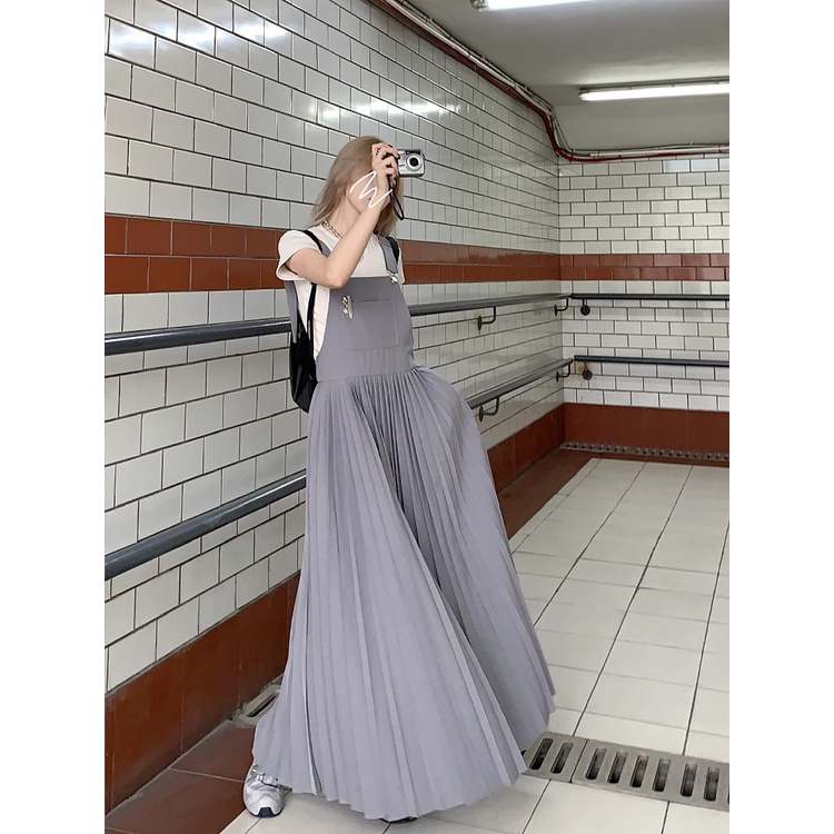 ☂☼┇gaun musim panas pantai putih tali selempang gaun musim panas wanita pinggang pelangsing rok lipit desain temperamen rok tali selempang chic rok panjang