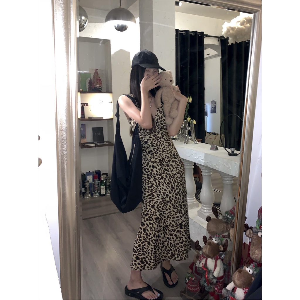 ❏◇gaun musim panas pantai hot gadis macan tutul cetak tanpa lengan suspender dress wanita musim semi pinggang slimming mid-panjang A-line rok