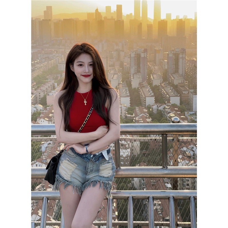 ❏✽❃cropped top Niche red backless camisole outerwear top women s summer raw edge ripped jeans high waist hot pants suit #COD