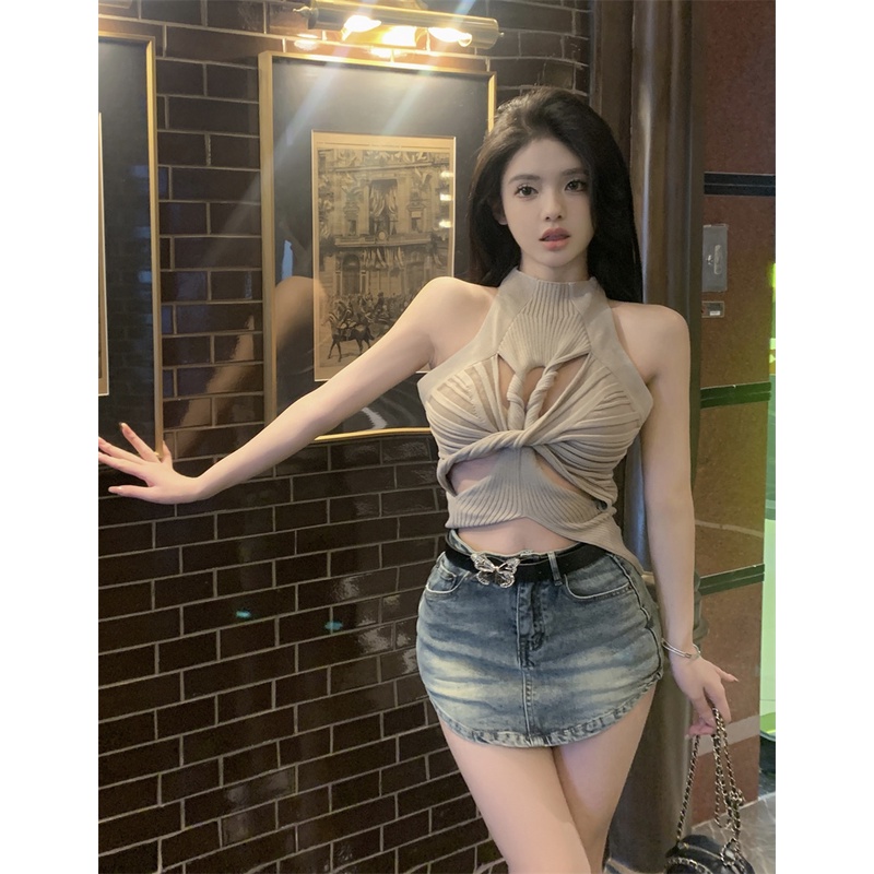 ▩✾cropped top berongga warna solid tanpa lengan babes musim semi dan musim panas twisted bottoming anti-skid top kamisol pendek slim fit wanita #COD