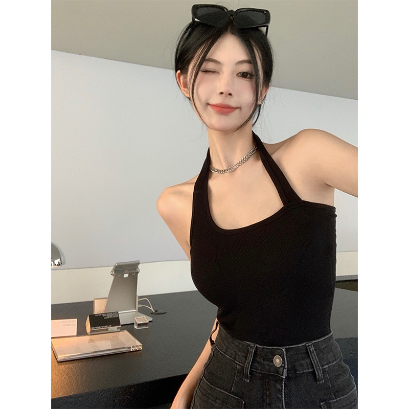 ►❃▪cropped top babes dipakai di dalam dan di luar di musim panas dengan pad dada kecantikan kembali halter leher seksi bottoming sling top wanita tanpa lengan hitam pendek #COD