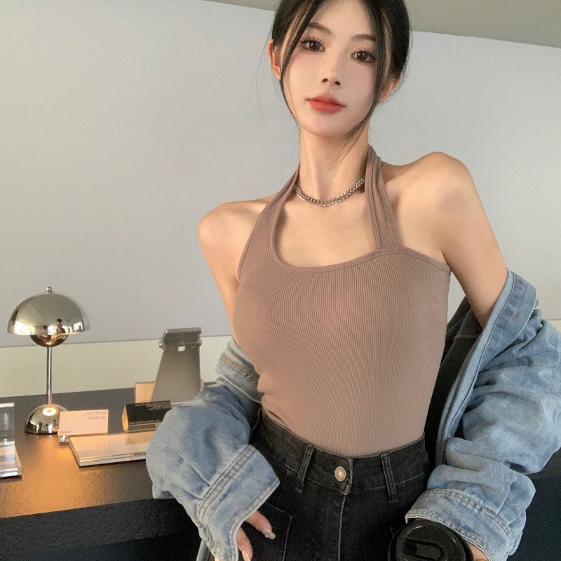 ►❃▪cropped top babes dipakai di dalam dan di luar di musim panas dengan pad dada kecantikan kembali halter leher seksi bottoming sling top wanita tanpa lengan hitam pendek #COD