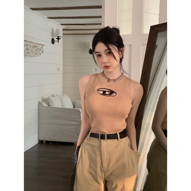 ♀cropped top short cutout letter hot girl knitted camisole Korean style top spring and summer tanpa lengan lapisan dalam anti-slip base girl #COD