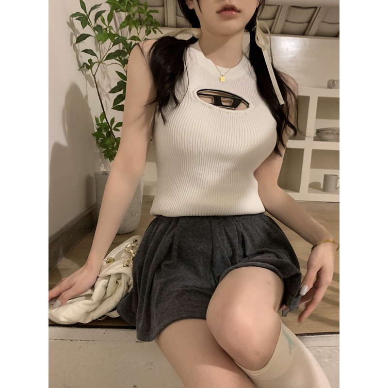 ♀cropped top short cutout letter hot girl knitted camisole Korean style top spring and summer tanpa lengan lapisan dalam anti-slip base girl #COD