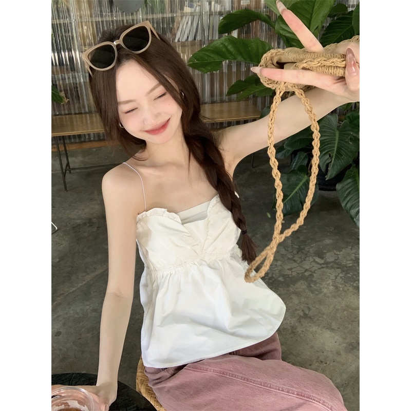 ✖✳cropped top tube top renda musim panas pakaian luar kamisol anti selip top wanita gaya Korea tanpa lengan slim retro bottoming temperamen #COD