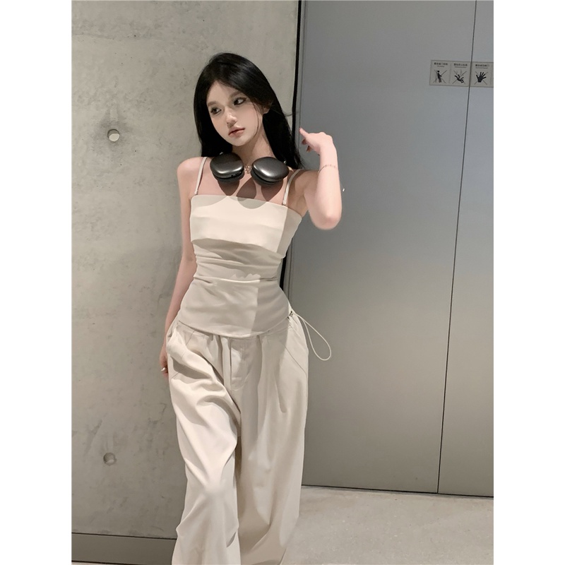 ✶◇cropped top baru pinggang lipit kamisol atas pakaian luar musim panas pinggang tinggi kasual celana panjang kaki lebar fashion setelan wanita #COD