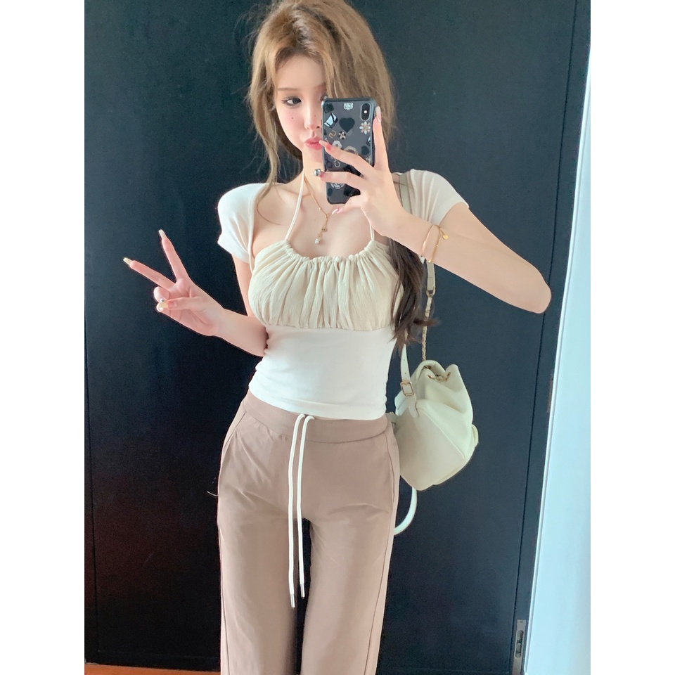 ❒◆✙cropped top desain jahitan halter neck sling 2023 lengan pendek t-shirt top wanita pendek slim fit keriput retro musim panas baru #COD