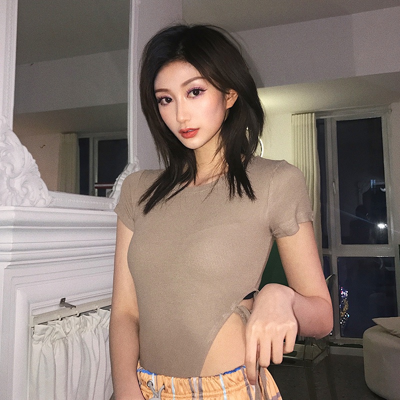 ✤✷cropped top Sisjuly produk baru all-match skema harian kecil desain tali pinggang slim jumpsuit wanita warna solid T-shirt #COD