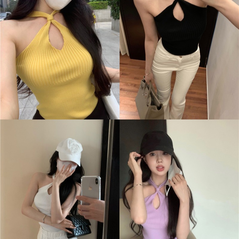 ☁cropped top baru musim panas hot gadis halter neck rajutan kamisol tanpa lengan sexy berongga out top wanita bottoming shirt #COD