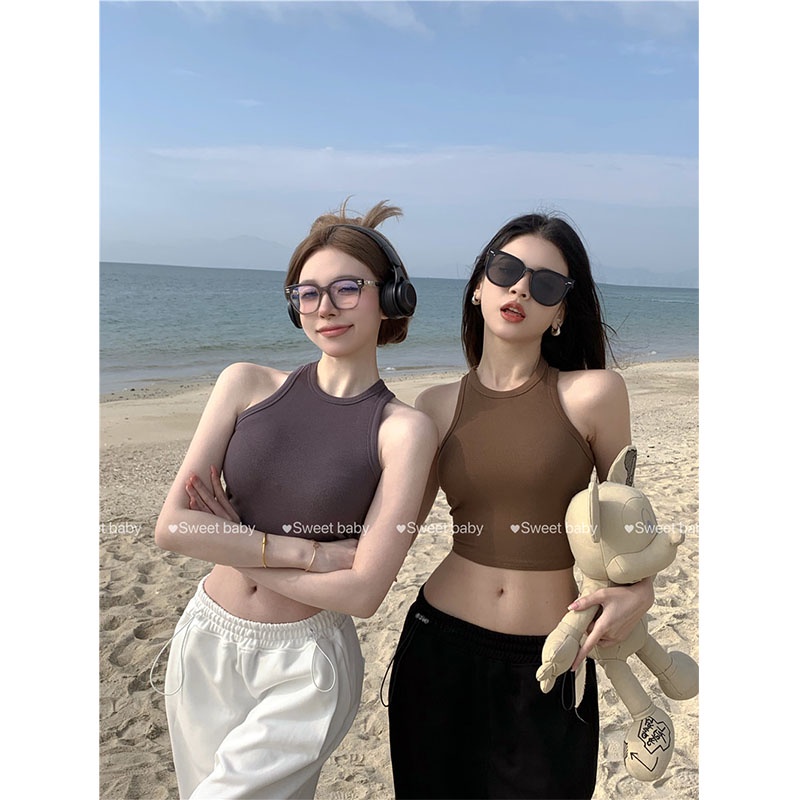 ∈❧cropped top elastis warna solid seksi musim semi dan musim panas tanpa lengan rompi bagian dalam kamisol top wanita membudidayakan diri anti-selip bottoming ceruk pelangsing #COD