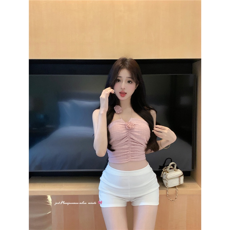 ✔☇☄cropped top musim panas seksi merah muda tiga dimensi bunga halter leher lipit rompi kamisol pakaian dalam dan luar wanita atas gaya keinginan murni pendek #COD