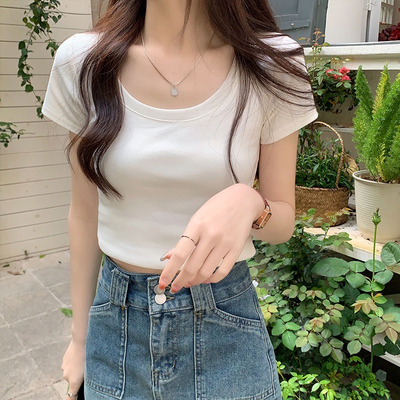 Suhao pure desire scoop neck slim fit short milk apricot color t-shirt women s top summer shoulder U-neck short sleeve inner bottoming small shirt kaos import wanita kaos wanita gaya korea lengan pendek kaos pendek perempuan