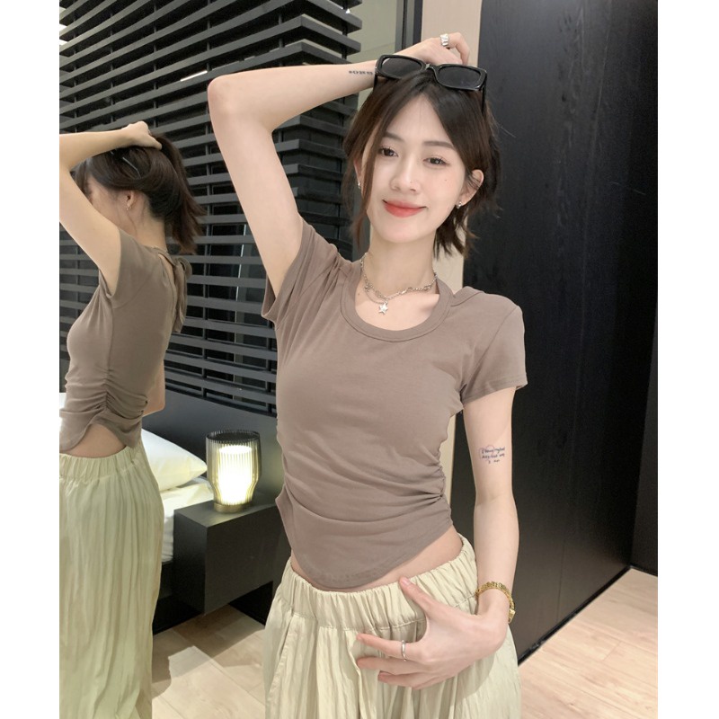 Suhao murni keinginan untuk berhati-hati mesin menggantung leher dasi bahu lengan pendek t-shirt wanita musim panas slim fit hot girl short top in tide kaos impor wanita kaos wanita gaya korea lengan pendek kaos pendek perempuan