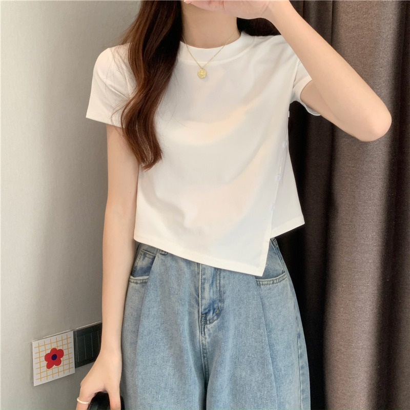 Suhao regular button design sense white short-sleeve t-shirt women s summer sweet hot girl slim fit and thin shoulder short top kaos import wanita kaos wanita korean style lengan pendek kaos pendek perempuan