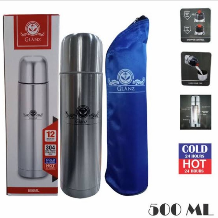Termos Air Panas Glanz Stainless Steel 500Ml(0.5Liter) - Sedia Termos Air Panas Mini Pencet Tahan 24