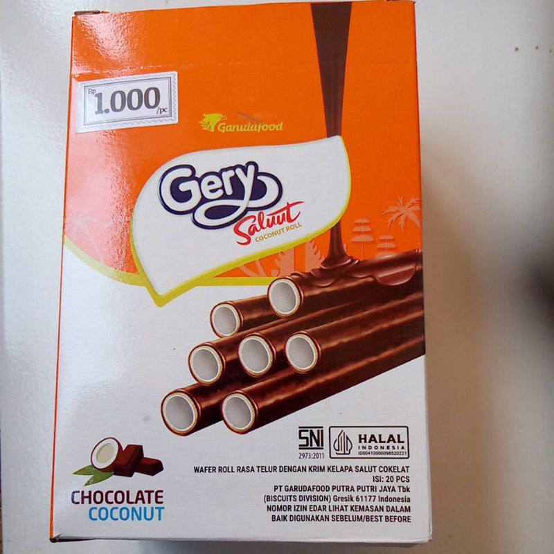 Dus Gery Saluut Roll Isi 20 x 9.5 Gram Chocolate Coconut Wafer Roll Snack Makanan Ringan Coklat Cemilan Anak Salut Chocolate Cokelat Grosir Murah Gr Biskuit Kue