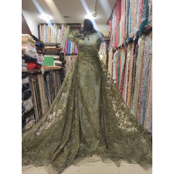 Kain Tile Brokat Etnik Payet Batu Akar Bridal AV397-22-3 hijau Olive