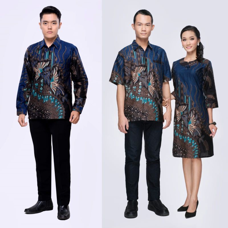 Baju batik Couple / Sarimbit batik Kemeha pri dan dress wanita - Moneta keria biru
