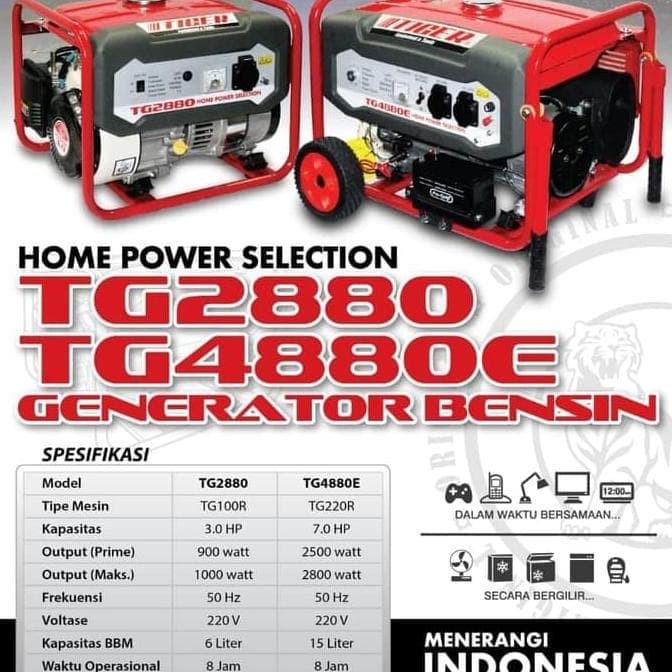 Genset Tiger TG 2880 Bensin Murni 1000 W Genset Rumah Tiger 1000Watt