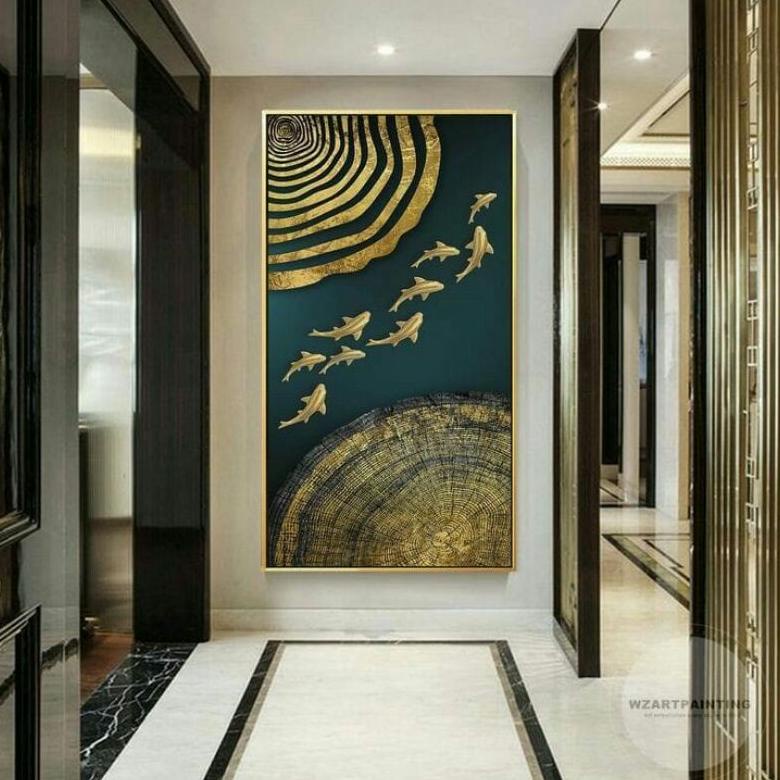 Lukisan ikan koi modern fengshui 150 x 80 cm plus frame bingkai