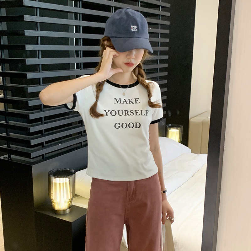 Suhao American retro simple slim fit shoulder short-sleeve women s t-shirt summer design sense niche print short hot girl top kaos import wanita kaos wanita gaya korea lengan pendek kaos pendek perempuan