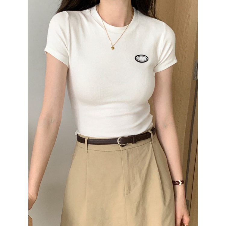 Suhao American style white t-shirt wanita musim panas bahu lengan pendek Eropa slim fit leher bulat katun murni dada menunjukkan pendek bottoming top kaos impor wanita kaos wanita gaya korea lengan pendek kaos pendek perempuan