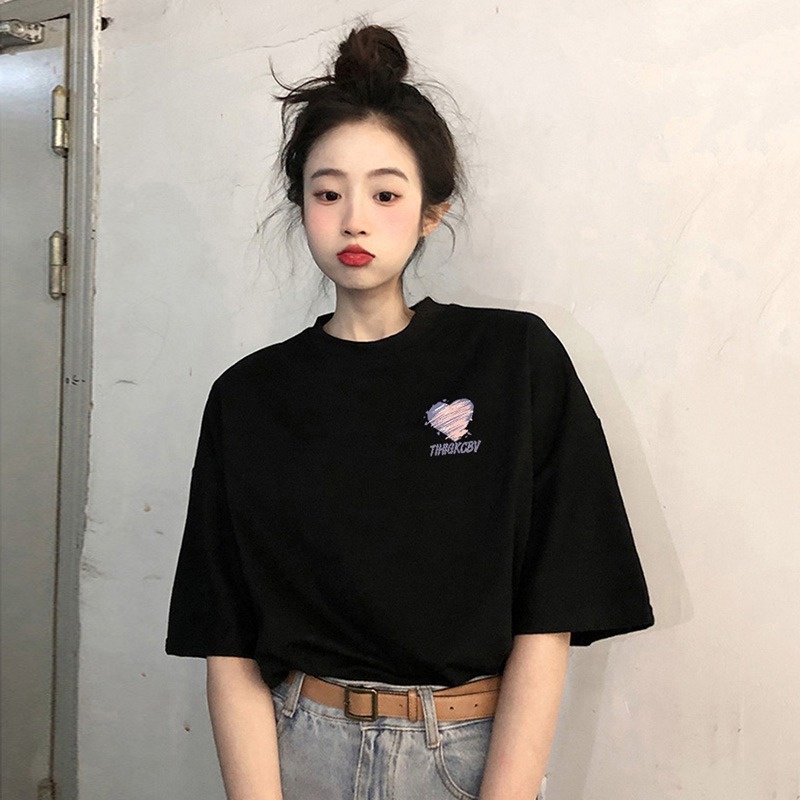 Suhao kapas murni putih depan bahu T-shirt wanita musim panas lengan pendek rasa desain ceruk leher bulat longgar oversize top in pasang kaos impor wanita kaos wanita gaya korea lengan pendek kaos pendek perempuan