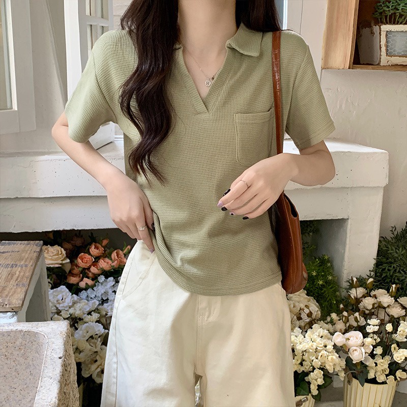 Suhao design sense niche Polo lapel top women s Korean casual all-match summer new waffle V-neck lengan pendek T-shirt kaos impor wanita kaos wanita Korean style lengan pendek kaos pendek perempuan