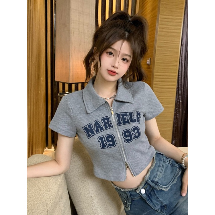 Suhao American retro abu-abu bahu depan lengan pendek t-shirt wanita musim panas desain ritsleting ganda slim fit pusar pendek hot girl top kaos impor wanita kaos wanita gaya korea lengan pendek kaos pendek perempuan