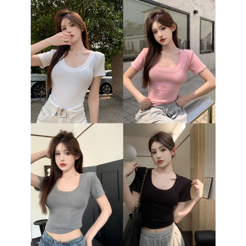 Suhao dopamin gaya manis pink u-neck bahu depan lengan pendek t-shirt wanita musim panas slim fit gaya keinginan murni pendek bottoming top tipis kaos impor wanita kaos wanita gaya korea lengan pendek kaos pendek perempuan