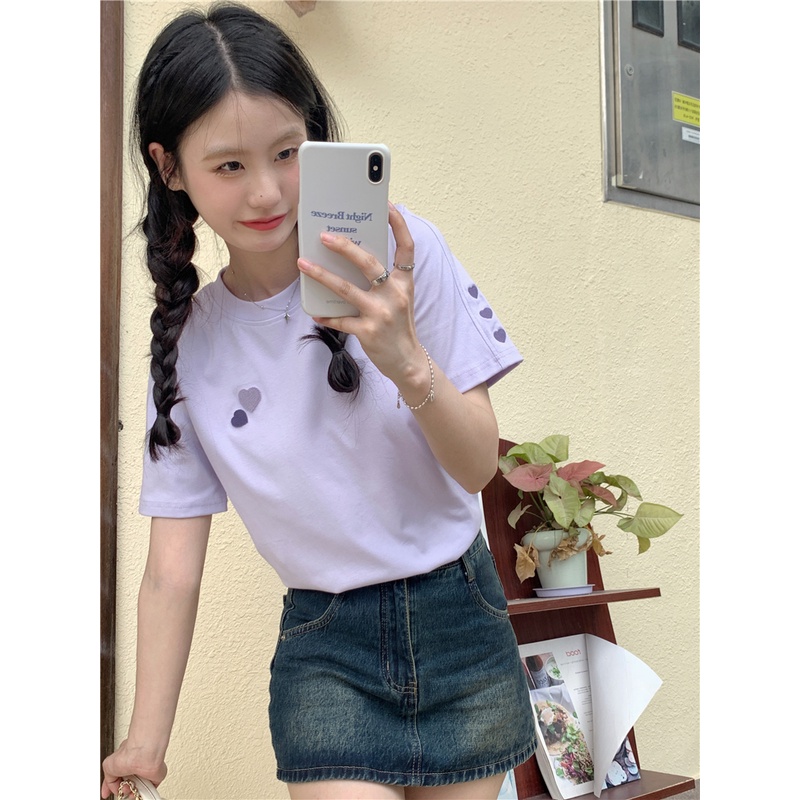 Suhao basic love bordir simple white short-sleeved loose women s t-shirt summer design sense niche chic top trendy kaos import wanita kaos wanita gaya korea lengan pendek kaos pendek perempuan