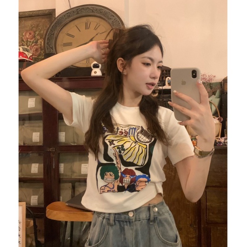 Suhao bahu depan lengan pendek t-shirt wanita musim panas 2023 baru American retro cetak slim fit atasan pendek kaos impor wanita kaos wanita gaya korea lengan pendek kaos pendek perempuan