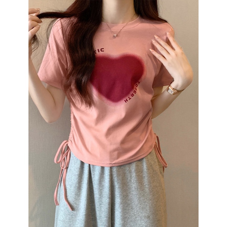 Suhao letter print pink front shoulder t-shirt female design sense niche summer drawstring short section slim cotton short-sleeve top kaos import wanita kaos wanita gaya korea lengan pendek kaos pendek perempuan