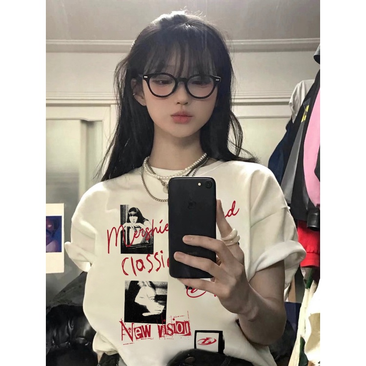 Suhao American retro letter print design sense putih lengan pendek t-shirt wanita penutup musim panas perut ramping bahu atas trendi kaos impor wanita kaos wanita gaya korea lengan pendek kaos pendek perempuan