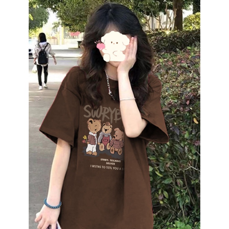 Suhao American Retro Longgar Kopi Warna Lengan Pendek T-shirt Wanita Musim Panas Huruf Cetak Berat Kapas Desain Niche Top Kaos Import Wanita Kaos Wanita Gaya Korea Lengan Pendek Kaos Pendek Perempuan