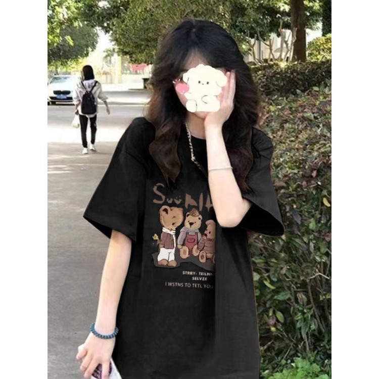 Suhao American Retro Longgar Kopi Warna Lengan Pendek T-shirt Wanita Musim Panas Huruf Cetak Berat Kapas Desain Niche Top Kaos Import Wanita Kaos Wanita Gaya Korea Lengan Pendek Kaos Pendek Perempuan