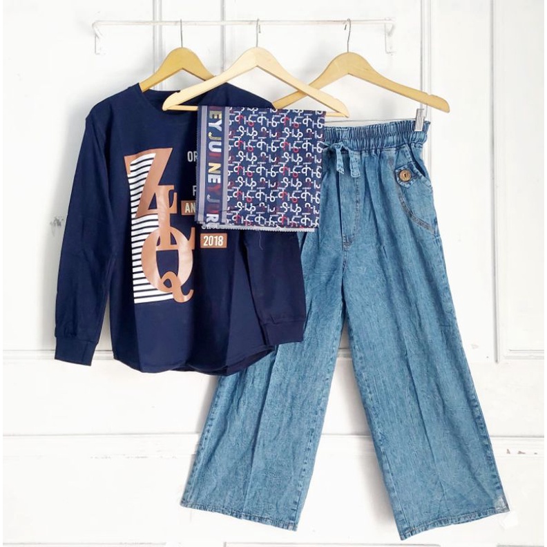 Set Celana Kulot Jeans Atasan Blouse Rajut