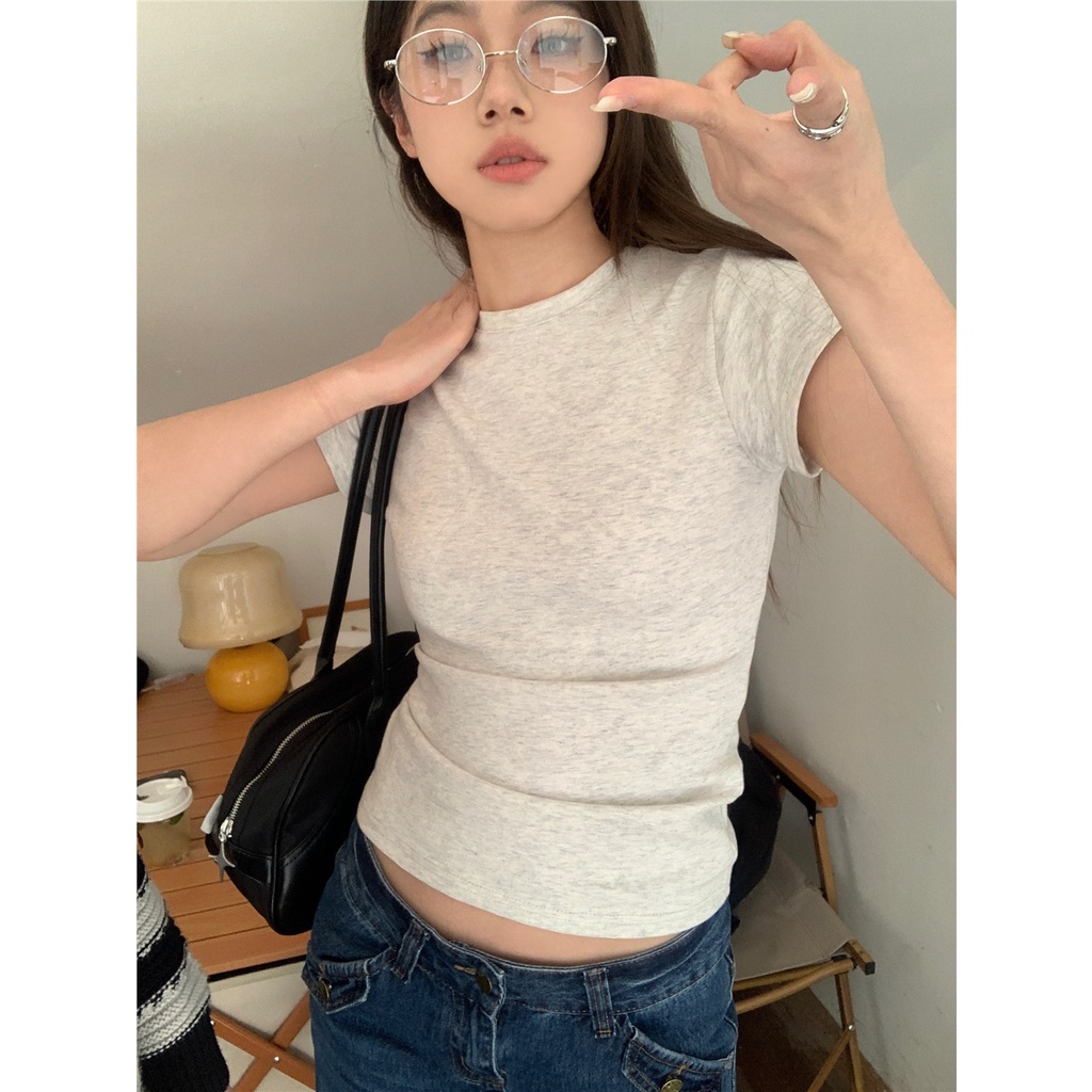 ஐ▣✷Suhao kaos import wanita kaos wanita gaya korea lengan pendek kaos pendek perempuan American retro bahu depan lengan pendek T-shirt wanita musim panas kapas murni desain rasa ceruk temperamen slim fit ketat atasan pendek